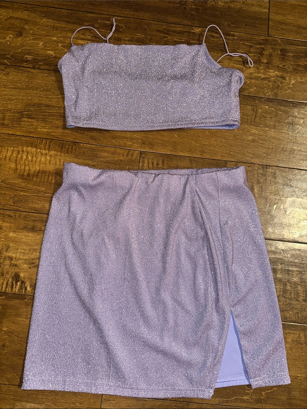 Fashion Nova Lavender Shimmer Two-Piece Crop Top & Skirt Set